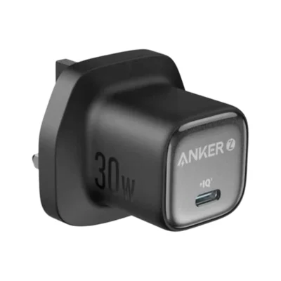 Complete Black Anker Zolo 30W charger with UK three-pin plug; cable sold separately