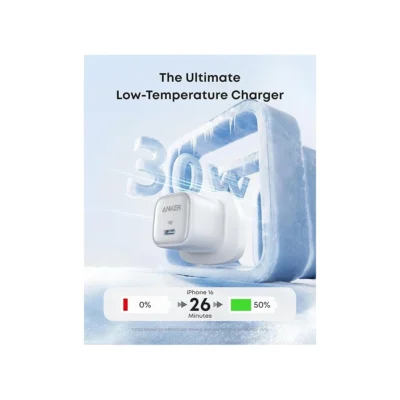 Complete White Anker Zolo 30W charger in manufacturer temperature-management feature view