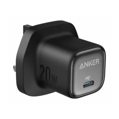Complete Black Anker Zolo 20W USB-C charger with UK Type G plug