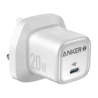 Complete White Anker Zolo 20W USB-C charger with Type G plug