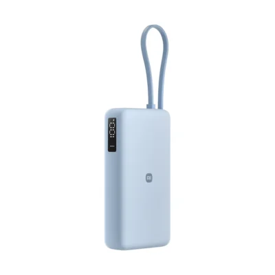 Complete Ice Blue Xiaomi 67W 20000mAh power bank with integrated USB-C cable