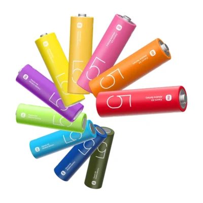 Xiaomi AA Rainbow Batteries (10 Count) — complete AA cells in an angled rainbow arrangement
