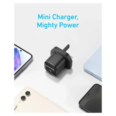 Complete Black Anker Compact 25W charger with UK three-pin plug in manufacturer device-compatibility scene