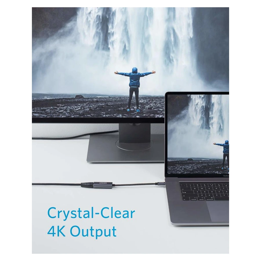 Anker 310 USB-C Adapter (4K HDMI) — complete adapter and lead installed between laptop and HDMI display