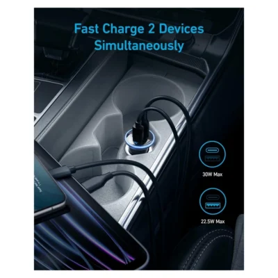 Complete Anker 323 Car Charger installed in a vehicle socket with two cables connected