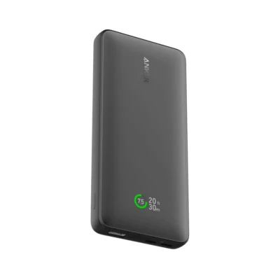 Complete Black Anker 533 Power Bank PowerCore25W showing its display and three ports