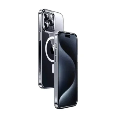 Anker clear magnetic case fitted to iPhone 15 Pro, front and rear views on white background; phones not included