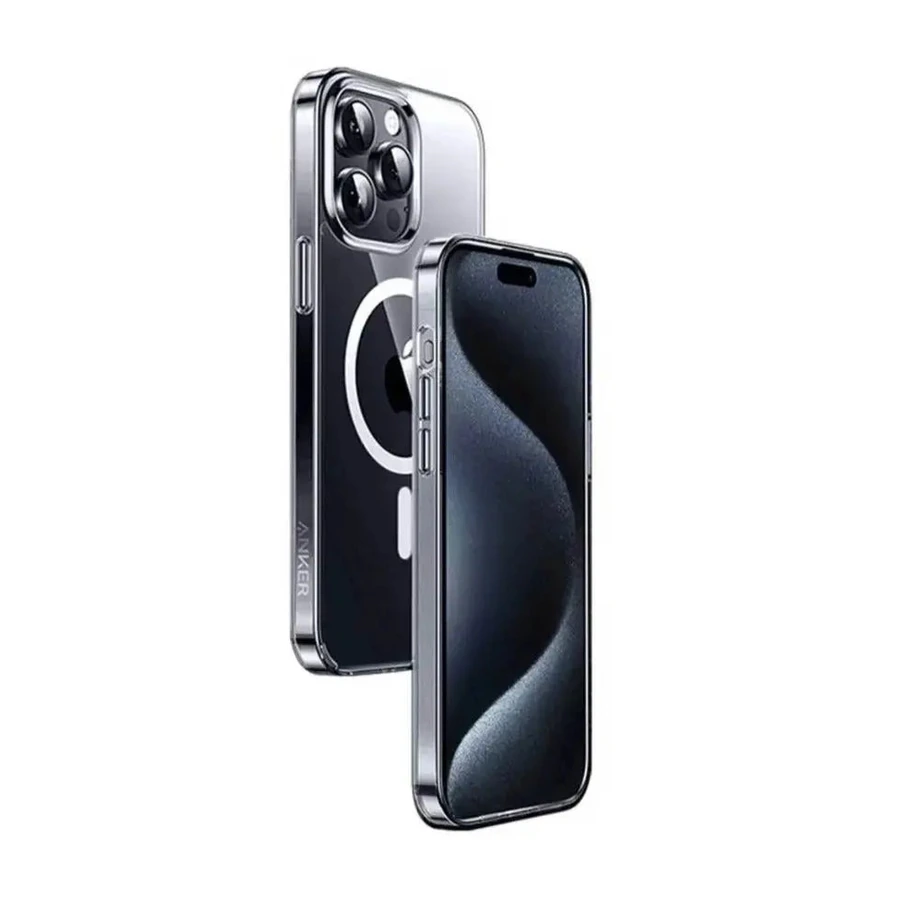 Anker clear magnetic case fitted to iPhone 15 Pro, front and rear views on white background; phones not included