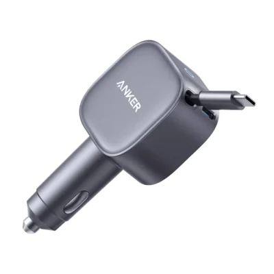 Anker Nano Car Charger 75W with Retractable USB-C Cable — complete Grey vehicle charger and USB-C connector