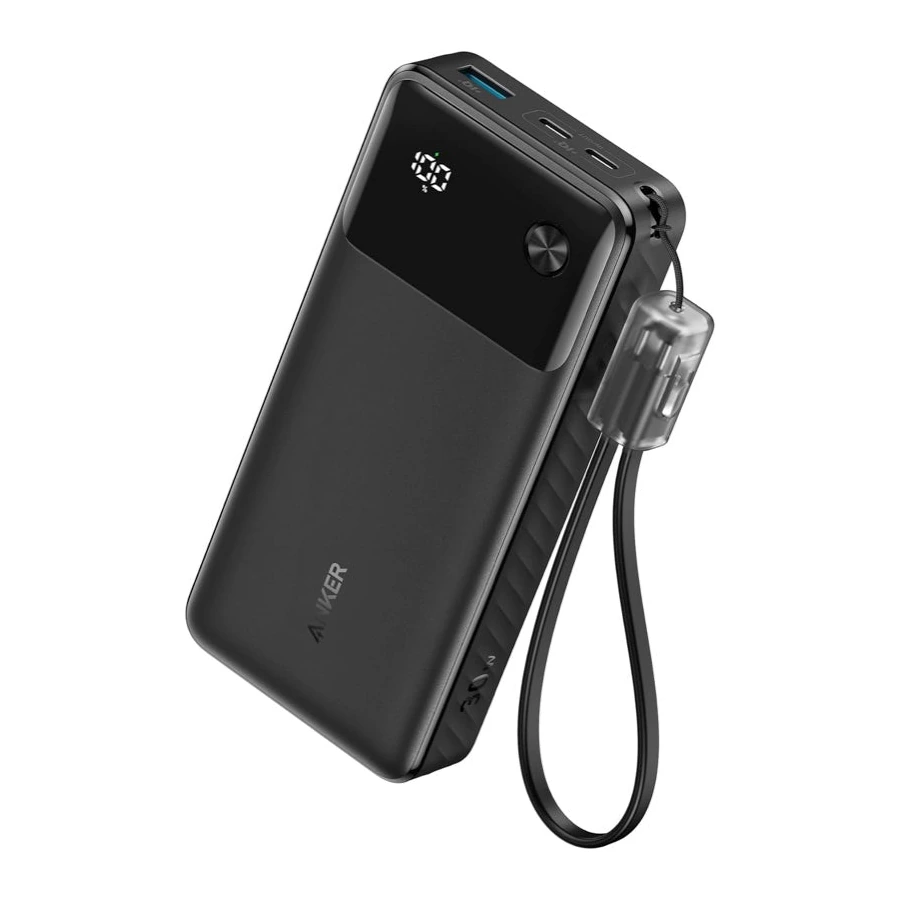 Anker Power Bank 20,000mAh 30W — complete Black power bank with its USB connections and cable