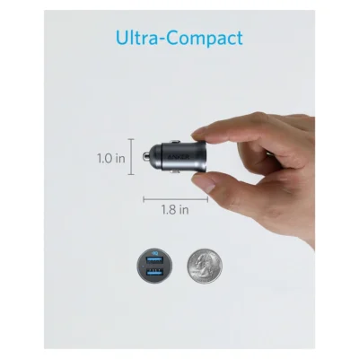 Whole Anker PowerDrive 2 Alloy held in a hand with official size illustration