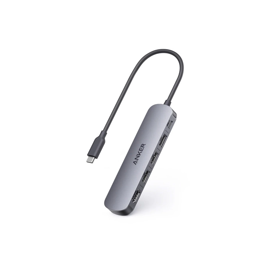 Complete Gray Anker USB-C Hub (5-in-1, 4K HDMI) with attached USB-C cable and connector visible