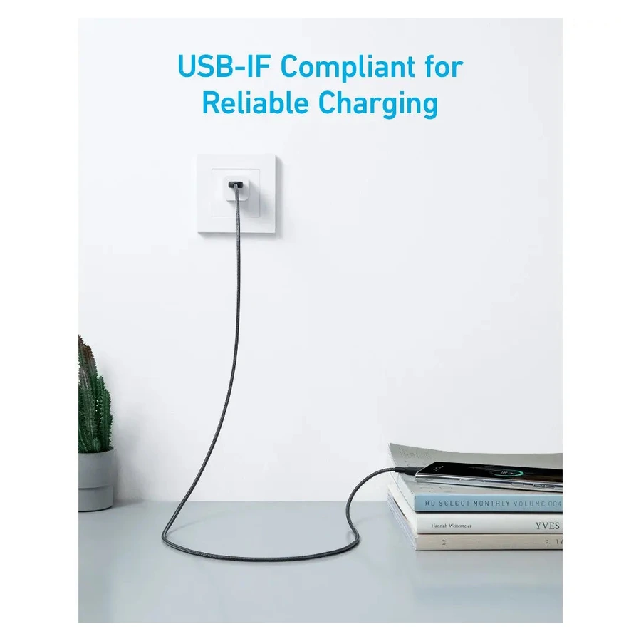 Complete Black Anker322 USB-A toUSB-C cable connected for charging