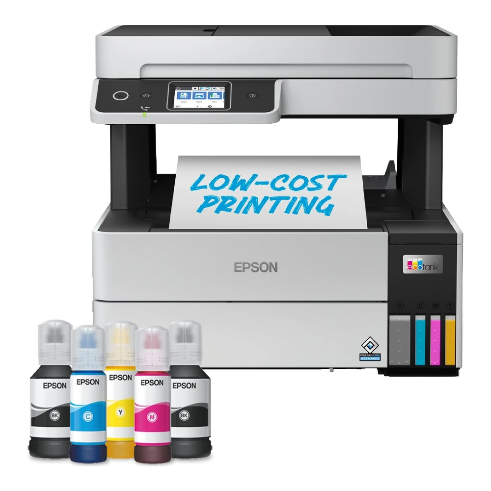 Epson EcoTank L6490, front with ink bottles