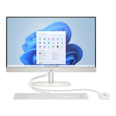 HP All-in-One 24-cr2032nh, front view with keyboard and mouse