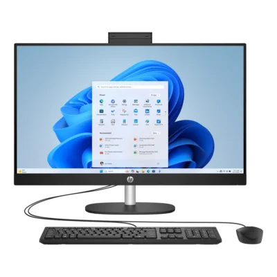HP All-in-One 27-cr2038nh, front view with keyboard and mouse