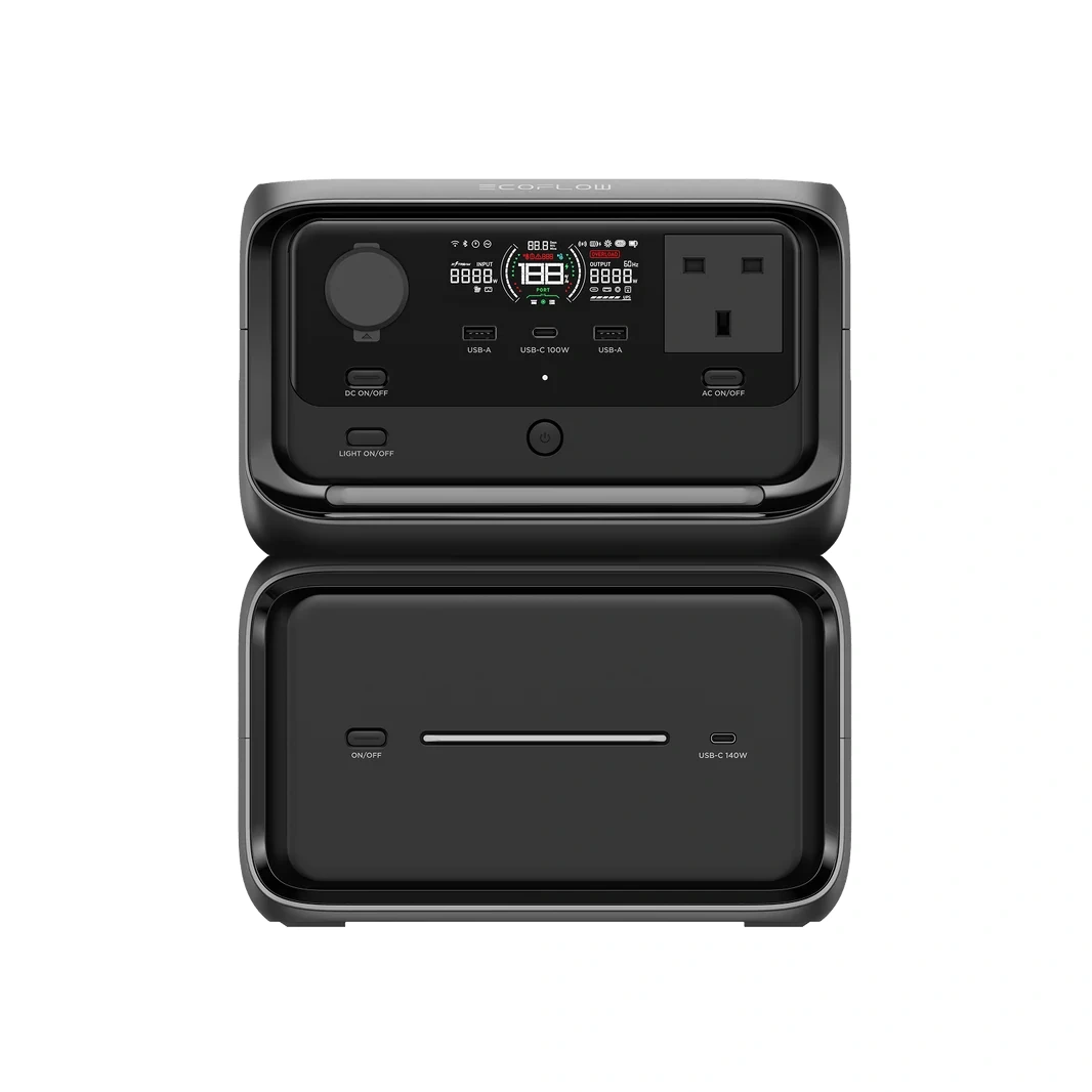 Front ports of EcoFlow RIVER 3 Max Plus and EB600 extra battery