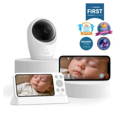 Eufy Baby Monitor E21 — complete camera and parent monitor in official package illustration; phone not included