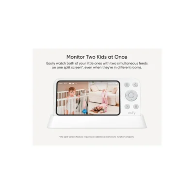 Eufy Baby Monitor E21 — complete parent monitor demonstrating optional two-camera split screen