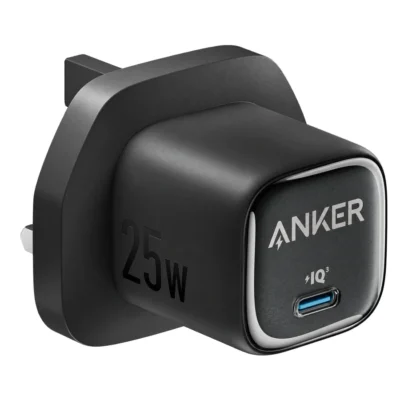Complete Black Anker 25W UK charger unit on white background