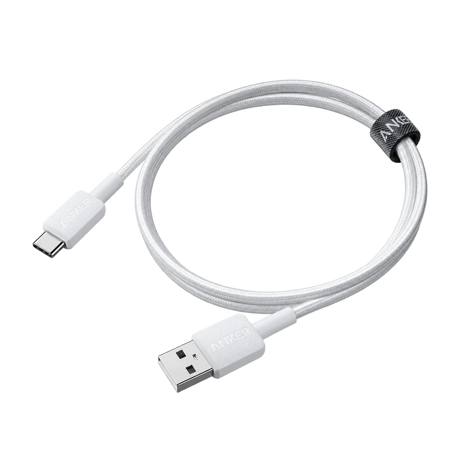 Complete White Anker 322 braided USB-A to USB-C cable with both connectors on white background