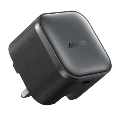Complete Black Anker Nano 45W folding UK charger unit on white background