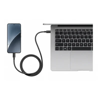 Complete Xiaomi USB4 cable connected to phone and laptop on white background