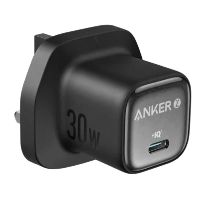 Complete Black Anker Zolo 30W UK charger unit on white background