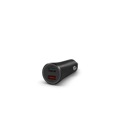 Complete black Mi 37W Dual-Port Car Charger showing both USB-A ports