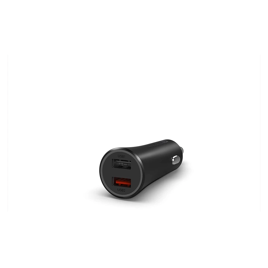 Complete black Mi 37W Dual-Port Car Charger showing both USB-A ports