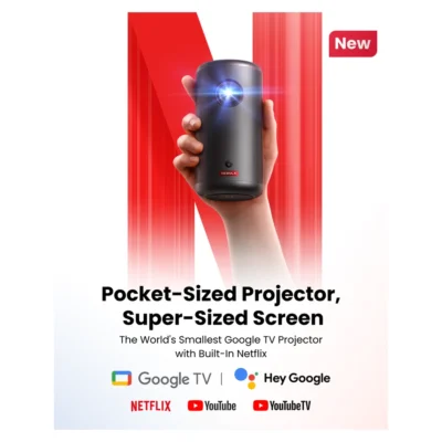 Nebula Capsule 3 — complete Black projector held in hand with Google TV and Netflix illustration