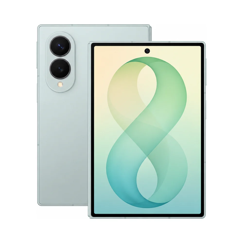 Samsung Galaxy Z Fold 8 Passport in pistachio – front and rear views