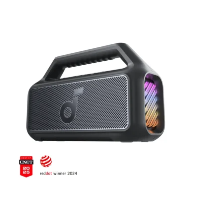 Complete Phantom Black Soundcore Boom 2 speaker with carry handle and illuminated side