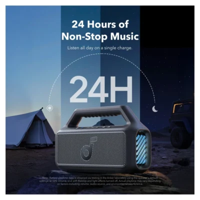 Complete Black Soundcore Boom 2 speaker beside a tent in the official campsite scene