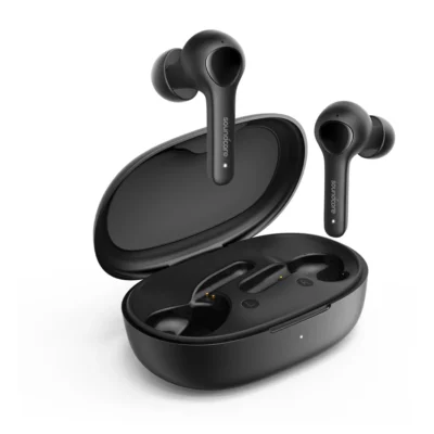 Complete Black Soundcore Life Note earbuds with open charging case