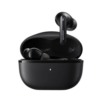 Complete Black Soundcore Life Note 3i earbuds with open charging case