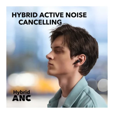 Complete Black Soundcore Life Note 3i earbud worn during listening