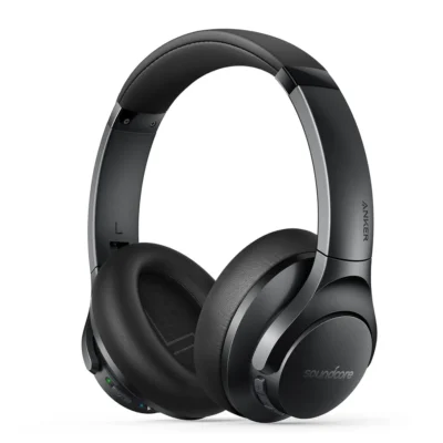 Complete Black Soundcore Life Q20+ headphones showing earcups and headband