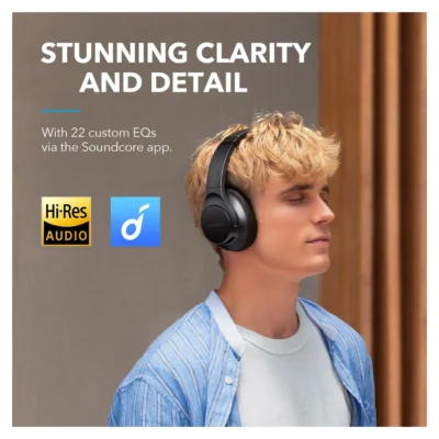 Complete Soundcore Life Q20+ headphones worn in official app-EQ illustration