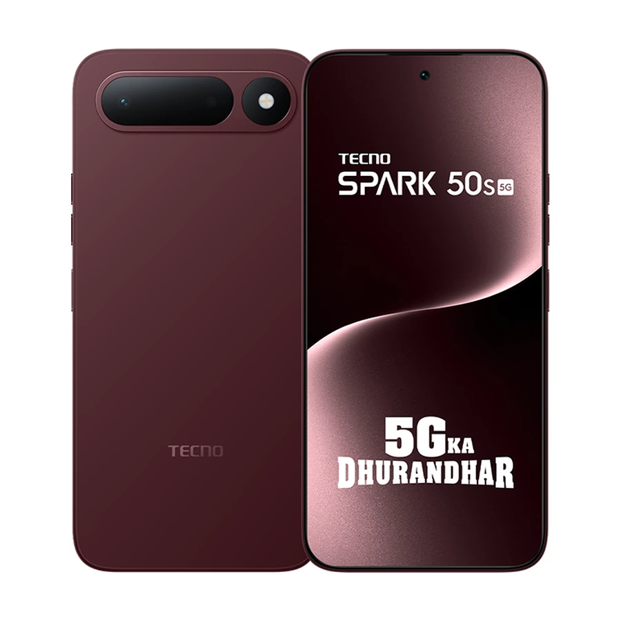 TECNO SPARK 50s burgundy front and rear on white background