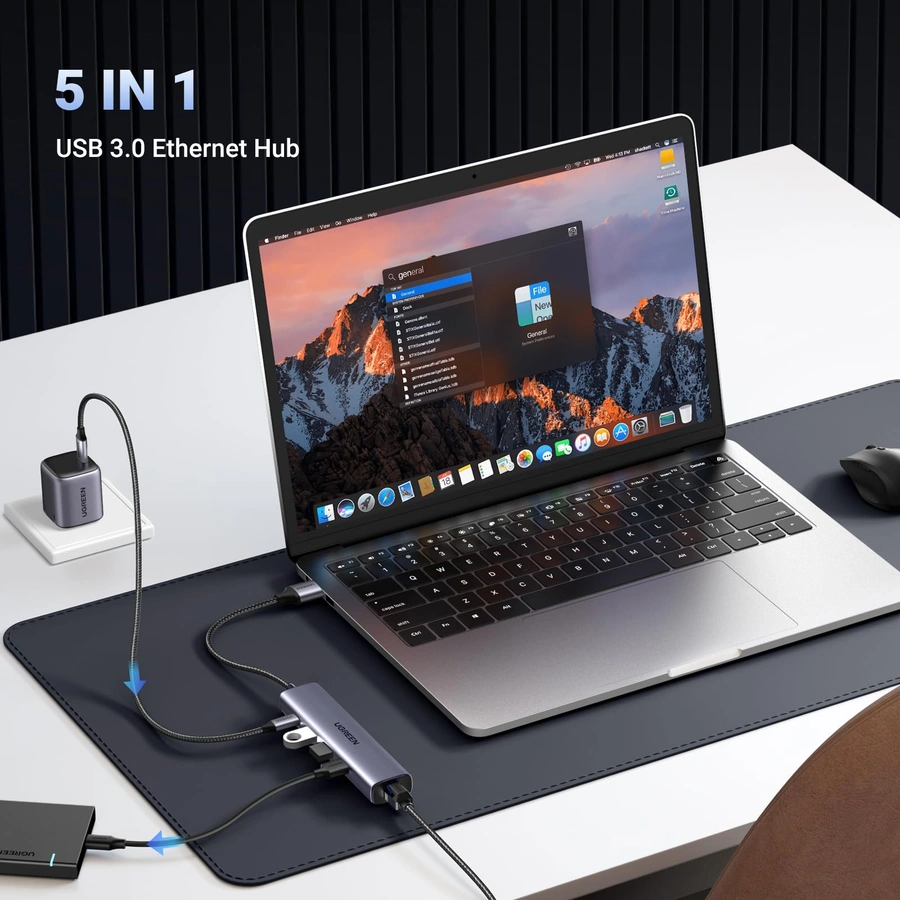 UGREEN USB 3.0 Hub with Gigabit Ethernet and USB-C Power Input — official feature illustration