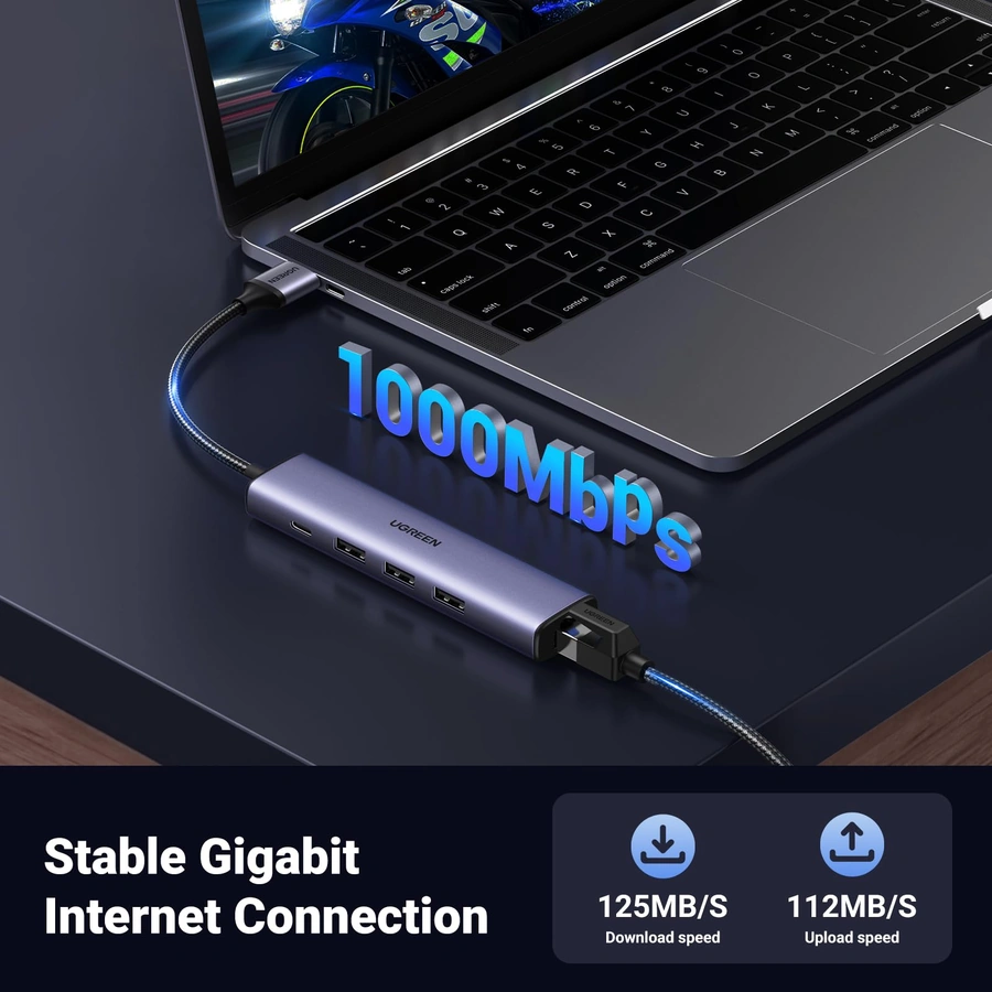 UGREEN USB 3.0 Hub with Gigabit Ethernet and USB-C Power Input - Image 3