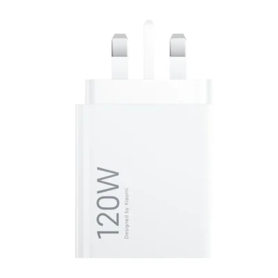 Complete White Xiaomi 120W HyperCharge charger with all three UK Type G plug pins visible