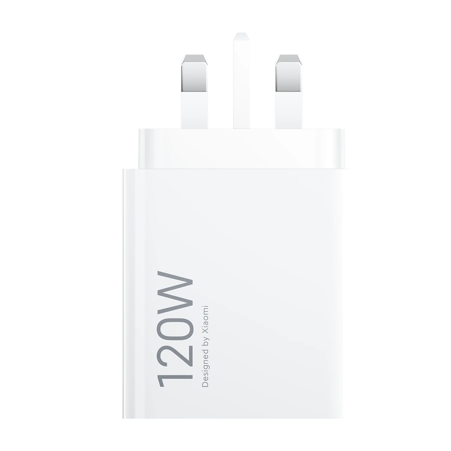 Complete White Xiaomi 120W HyperCharge charger with all three UK Type G plug pins visible