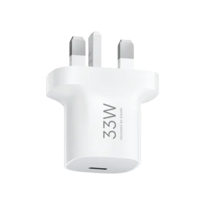 Complete White Xiaomi 33W Nano USB-C adapter with UK three-pin plug