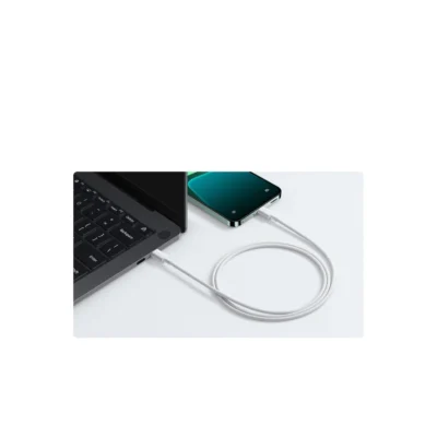 Xiaomi 3A Braided USB-C to USB-C Cable (1m) — complete White cable connecting a laptop and phone