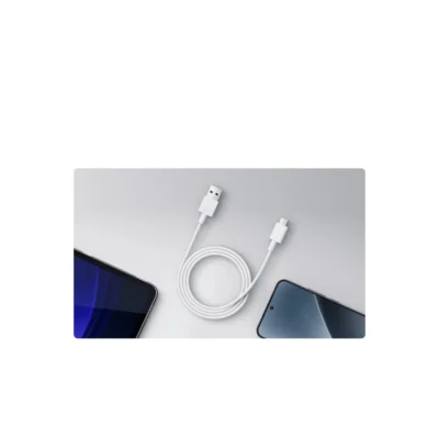 Xiaomi 3A USB-A to USB-C Cable (1m) — complete coiled White cable beside USB-C devices