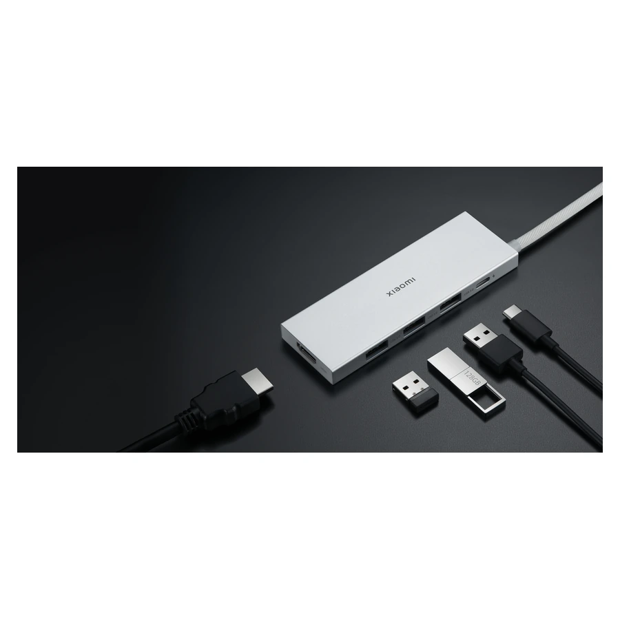 Xiaomi 5-in-1 Type-C Hub — complete hub beside its compatible connection types