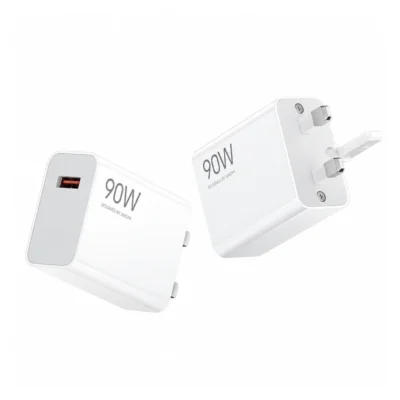 Complete White Xiaomi 90W HyperCharge UK charger, USB-A output and three-pin Type G plug views on white