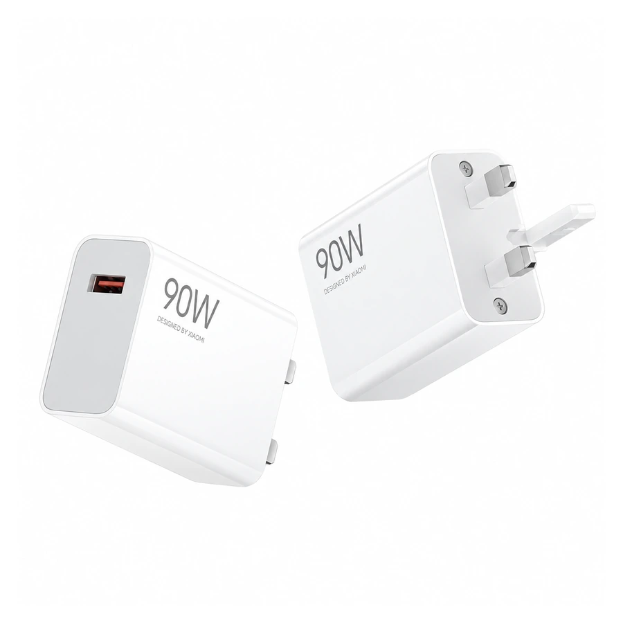 Complete White Xiaomi 90W HyperCharge UK charger, USB-A output and three-pin Type G plug views on white